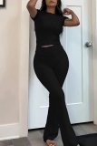 Navy O Neck Short Sleeve Crop T-shirt And Flare Leg Pants Sportwear Casual Two Pieces Jogger Sets