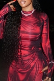 Red Black O Neck Long Sleeve Side Slit Formal Evening Party Prom Maxi Dresses