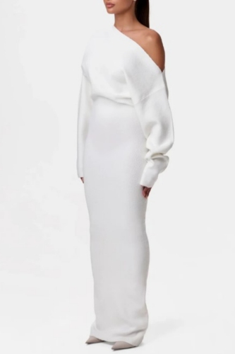 White Backless Oblique Collar Long Sleeve Casual Long Knitted Bodycon Maxi Sweater Dresses
