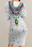 White Green Leaves Chain Print O Neck Long Sleeve Casual Outing Bodycon Midi Dresses