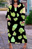 Snakeskin Geometric Print V Neck Long Sleeve Casual Outing Plus Size Straight Loose Maxi Dress