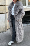 Grey Casual Long Sleeve Long Cardigan Faux Fur Coat