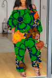 Green Casual Floral Print Off Shoulder Long Sleeve Vacation Loose Harem Jumpsuit