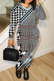 Light Gray Plaid Camouflage Print O Neck Long Sleeve Sweatshirt And Skinny Pants Casual Sportwear Two Pieces Sweatpant Sets