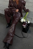 Claret Turndown Collar Long Sleeve With Belt PU Leather Jackets And Wide Leg Pants Casual Two Pieces Trouser Sets