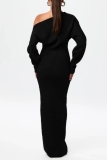 White Backless Oblique Collar Long Sleeve Casual Long Knitted Bodycon Maxi Sweater Dresses