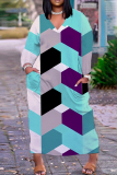 Snakeskin Geometric Print V Neck Long Sleeve Casual Outing Plus Size Straight Loose Maxi Dress