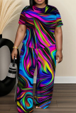 White Graphics Print O Neck Short Sleeve Oversize T-shirt And Wide Leg Pants Casual Two Pieces Trouser Sets
