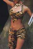 Tiger Stripes Print Sleeveless Backless Halter Crop Tops And Mini Skirt Night Club Two Pieces Dress Sets