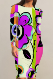 Purple Floral Print O Neck Long Sleeve Casual Outing Bodycon Midi Dresses