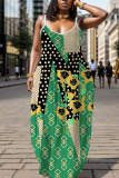 Green Sleeveless Backless Spaghetti Strap Floor Length Casual Outing Plus Size Straight Loose Maxi Slip Dress
