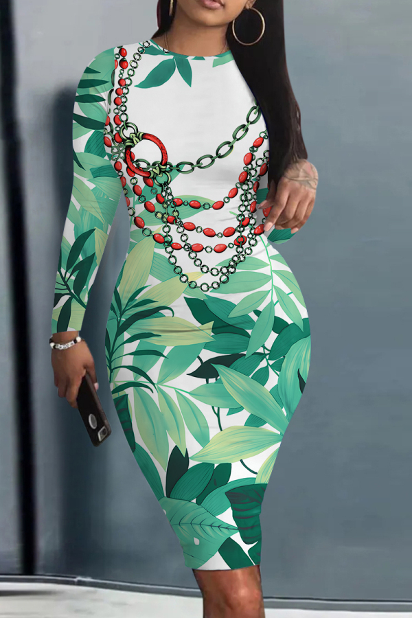 White Green Leaves Chain Print O Neck Long Sleeve Casual Outing Bodycon Midi Dresses