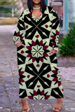 Snakeskin Geometric Print V Neck Long Sleeve Casual Outing Plus Size Straight Loose Maxi Dress