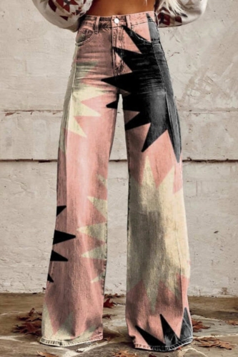 Multicolor Graphics Print Mid Waist Casual Distressed Wide Leg Denim Jeans
