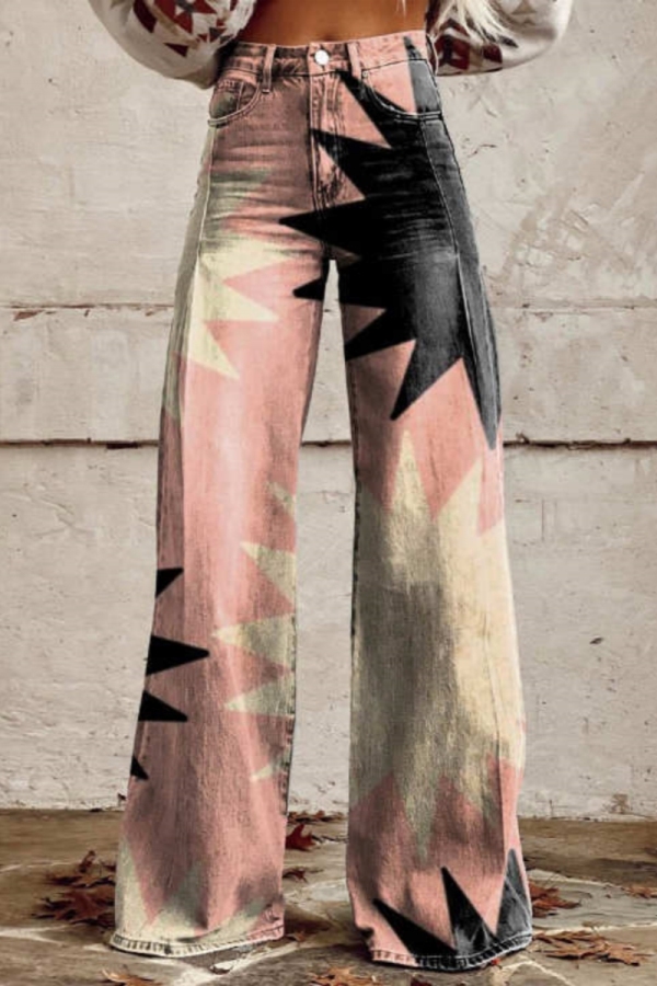 Multicolor Graphics Print Mid Waist Casual Distressed Wide Leg Denim Jeans