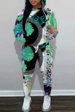 Light Green Floral Chain Print Long Sleeve Hooded Sweatshirt and Skinny Pant Casual Sportwear Two Piece Jogger Set