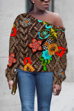 Brown Casual Graphics Print Oblique Collar Long Sleeve Fall Winter Tops
