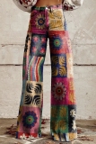 Multicolor Graphics Print Mid Waist Casual Distressed Wide Leg Denim Jeans