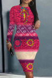 Gradient Tie Dye Floral Print O Neck Long Sleeve Casual Outing Bodycon Midi Dresses