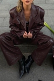 Claret Turndown Collar Long Sleeve With Belt PU Leather Jackets And Wide Leg Pants Casual Two Pieces Trouser Sets