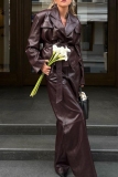 Claret Turndown Collar Long Sleeve With Belt PU Leather Jackets And Wide Leg Pants Casual Two Pieces Trouser Sets