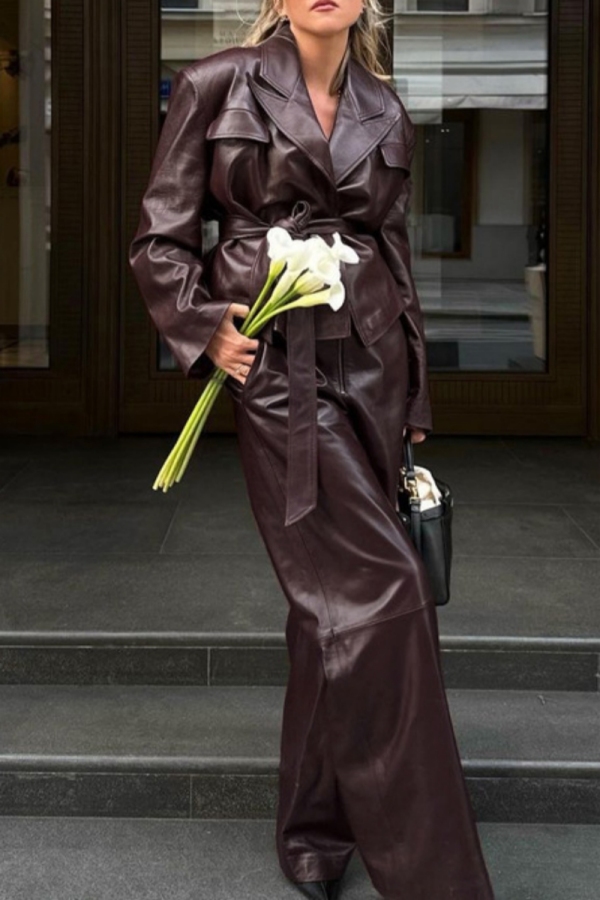 Claret Turndown Collar Long Sleeve With Belt PU Leather Jackets And Wide Leg Pants Casual Two Pieces Trouser Sets