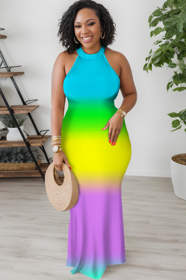 Gradient Plaid Striped Print Sleeveless O Neck Casual Bodycon Maxi Dresses