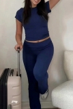 Navy O Neck Short Sleeve Crop T-shirt And Flare Leg Pants Sportwear Casual Two Pieces Jogger Sets