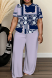 White Blue Graphics Print O Neck Short Sleeve Oversize T-shirt And Wide Leg Pants Casual Two Pieces Trouser Sets