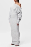 White Backless Oblique Collar Long Sleeve Casual Long Knitted Bodycon Maxi Sweater Dresses