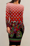 Gradient Tie Dye Floral Print O Neck Long Sleeve Casual Outing Bodycon Midi Dresses