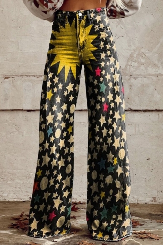 Multicolor Graphics Print Mid Waist Casual Distressed Wide Leg Denim Jeans
