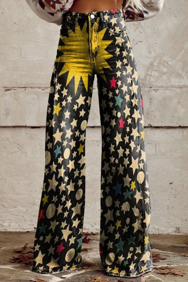 Multicolor Graphics Print Mid Waist Casual Distressed Wide Leg Denim Jeans