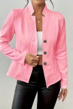 Pink Mandarin Collar Long Sleeve Formal Office Lady Cardigan Blazer Jackets
