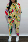 Light Green Floral Chain Print Long Sleeve Hooded Sweatshirt and Skinny Pant Casual Sportwear Two Piece Jogger Set