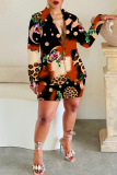 Black Red Graphics Print Turn-back Collar Long Sleeve Buttons Blazer Jackets and Shorts Formal Office Lady Two Pieces Suit Sets