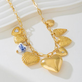 Gold Charm Heart Shaped Tassel Blue And White Porcelain Heart Necklaces