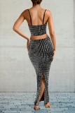 Black Hot Drill Backless Sleeveless Spaghetti Strap Cami Crop Tops And Slit Maxi Skirt Formal Evening Party Prom Two Pieces Dress Sets