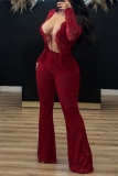 Red Long Sleeve Belted Cut Out Lace Tops And Flare Leg Pants Night Club Two Pieces Trouser Sets