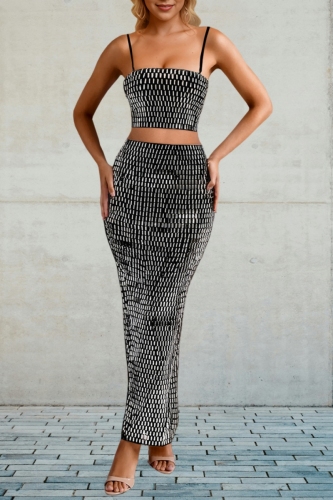 Black Hot Drill Backless Sleeveless Spaghetti Strap Cami Crop Tops And Slit Maxi Skirt Formal Evening Party Prom Two Pieces Dress Sets