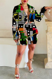 Black Red Graphics Print Turn-back Collar Long Sleeve Buttons Blazer Jackets and Shorts Formal Office Lady Two Pieces Suit Sets