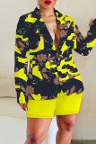 Army Green Graphics Print Turn-back Collar Long Sleeve Buttons Blazer Jackets and Shorts Formal Office Lady Casual Two Pieces Suit Sets
