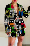 Black Red Graphics Print Turn-back Collar Long Sleeve Buttons Blazer Jackets and Shorts Formal Office Lady Two Pieces Suit Sets