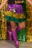 Multicolor Party High Waist Mardi Gras Tiered Tinsel Fringe Skirt