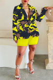 Army Green Graphics Print Turn-back Collar Long Sleeve Buttons Blazer Jackets and Shorts Formal Office Lady Casual Two Pieces Suit Sets