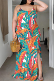 Red Blue Leaf Print Backless Spaghetti Strap Slit Floor Length Vacation Baggy Sundress Slip Maxi Dress