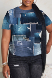 Multicolor Faux Denim Print O Neck Short Sleeve Casual Oversize T Shirt