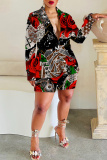 Black Red Graphics Print Turn-back Collar Long Sleeve Buttons Blazer Jackets and Shorts Formal Office Lady Two Pieces Suit Sets