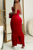 Red Rhinestone Decor Sleeveless Strapless Backless Slit Formal Evening Party Prom Tube Maxi Dresses