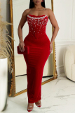 Red Rhinestone Decor Sleeveless Strapless Backless Slit Formal Evening Party Prom Tube Maxi Dresses